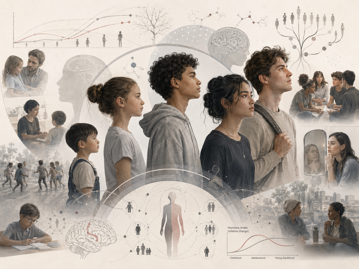 Research-grade illustration of gender and sexual development across childhood, adolescence, and young adulthood, showing identity formation, embodiment, peer interaction, family context, social learning, biological maturation, and self-reflection.
