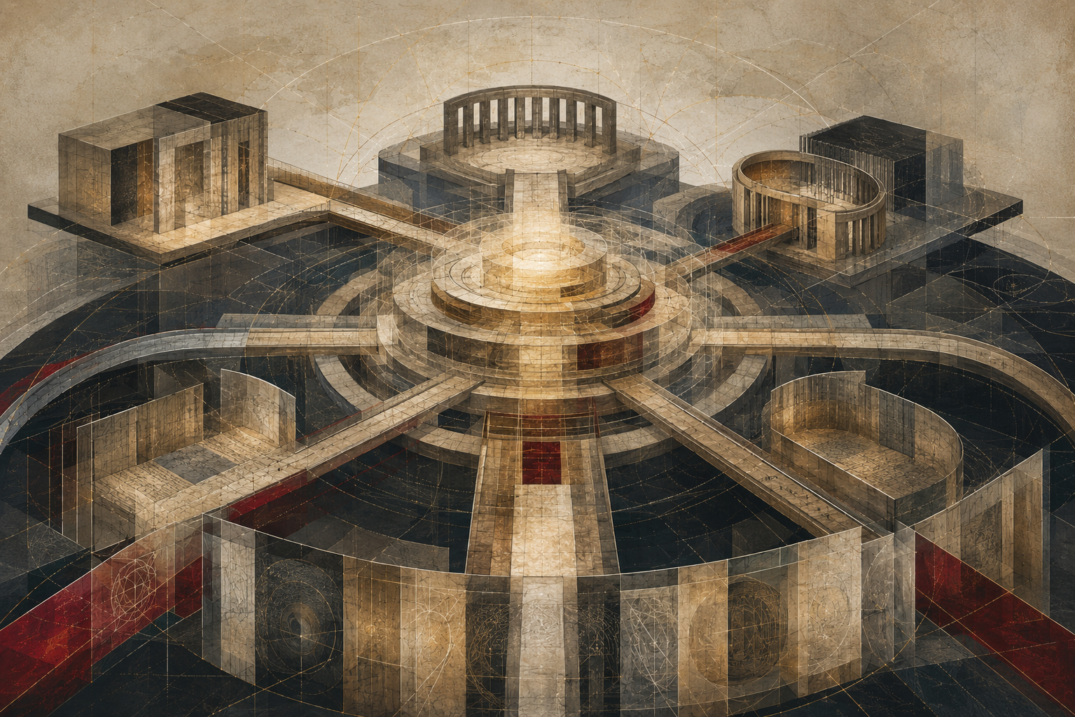Abstract legal-studies illustration of general principles of law as foundational norms connecting legal systems, judicial reasoning, fairness, good faith, due process, equity, and international legal coherence.