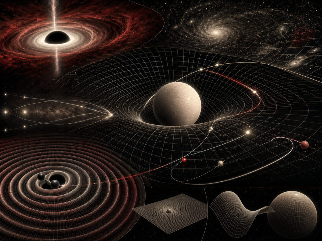 Editorial scientific illustration showing curved spacetime grids bending around massive objects, geodesic paths, light bending, black-hole horizon geometry, gravitational-wave ripples, and cosmological curvature forms.