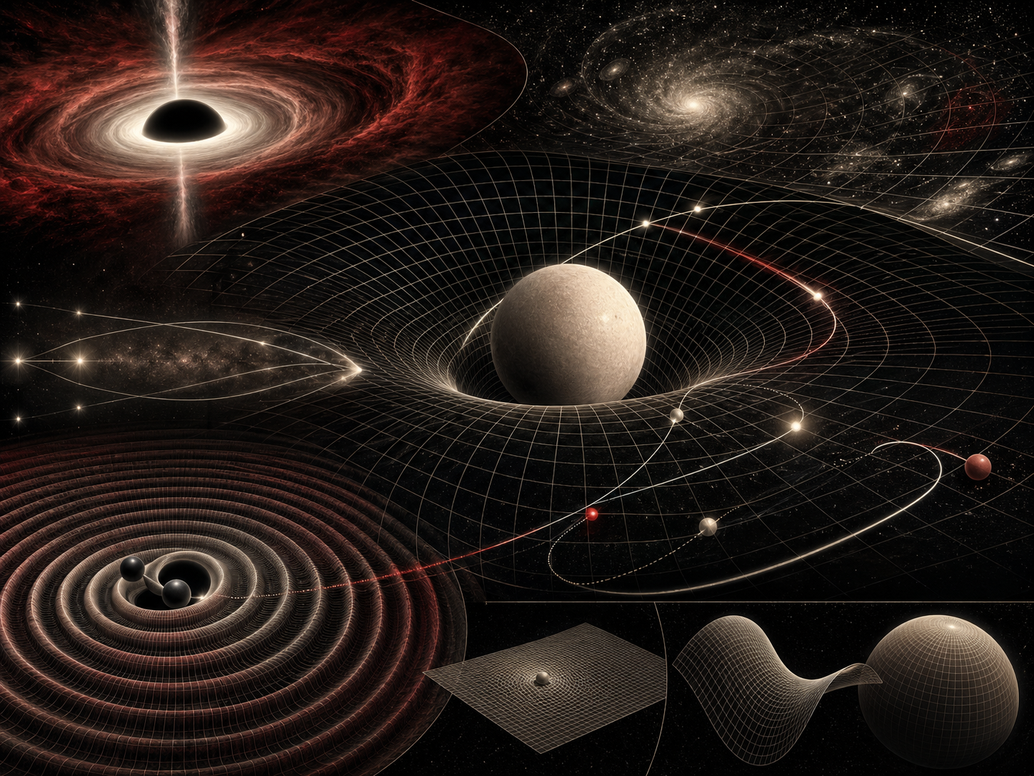 Editorial scientific illustration showing curved spacetime grids bending around massive objects, geodesic paths, light bending, black-hole horizon geometry, gravitational-wave ripples, and cosmological curvature forms.