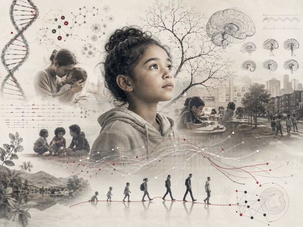 Research-grade illustration of a child surrounded by DNA, brain-development diagrams, caregiving, school, peers, neighborhood, ecology, and branching developmental pathways representing gene–environment interaction and plasticity.