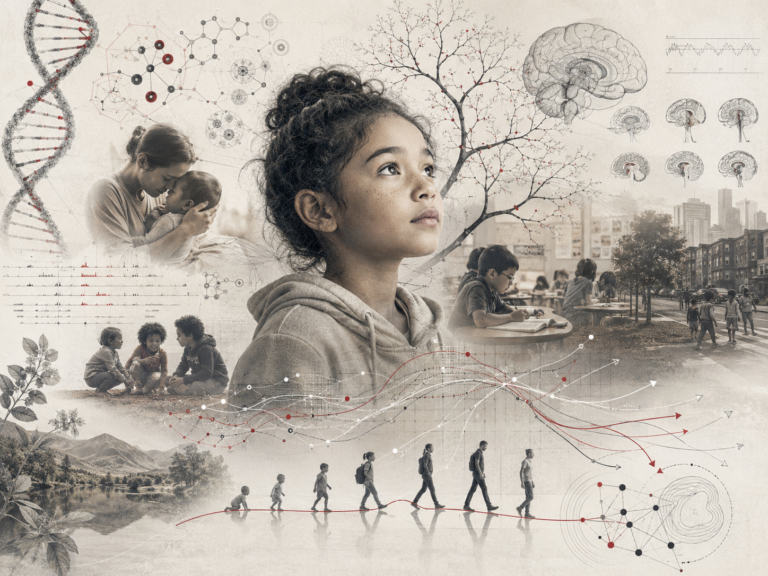 Research-grade illustration of a child surrounded by DNA, brain-development diagrams, caregiving, school, peers, neighborhood, ecology, and branching developmental pathways representing gene–environment interaction and plasticity.