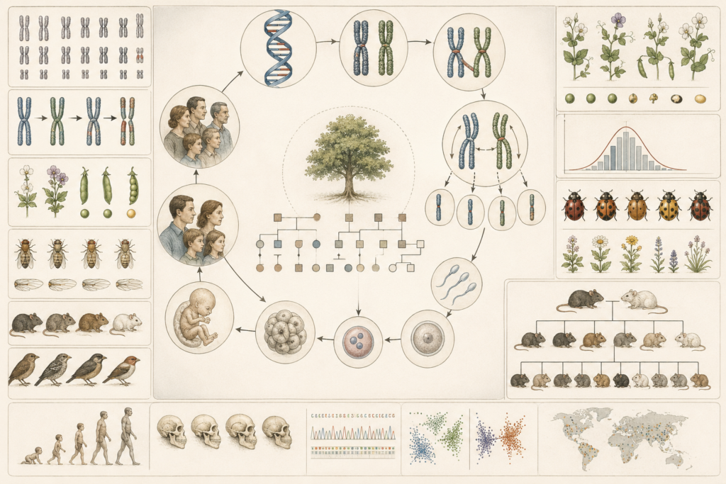 Research-grade genetics illustration showing DNA, chromosomes, family inheritance, pedigrees, embryos, trait variation in plants and animals, population patterns, sequencing data, and heredity across generations.