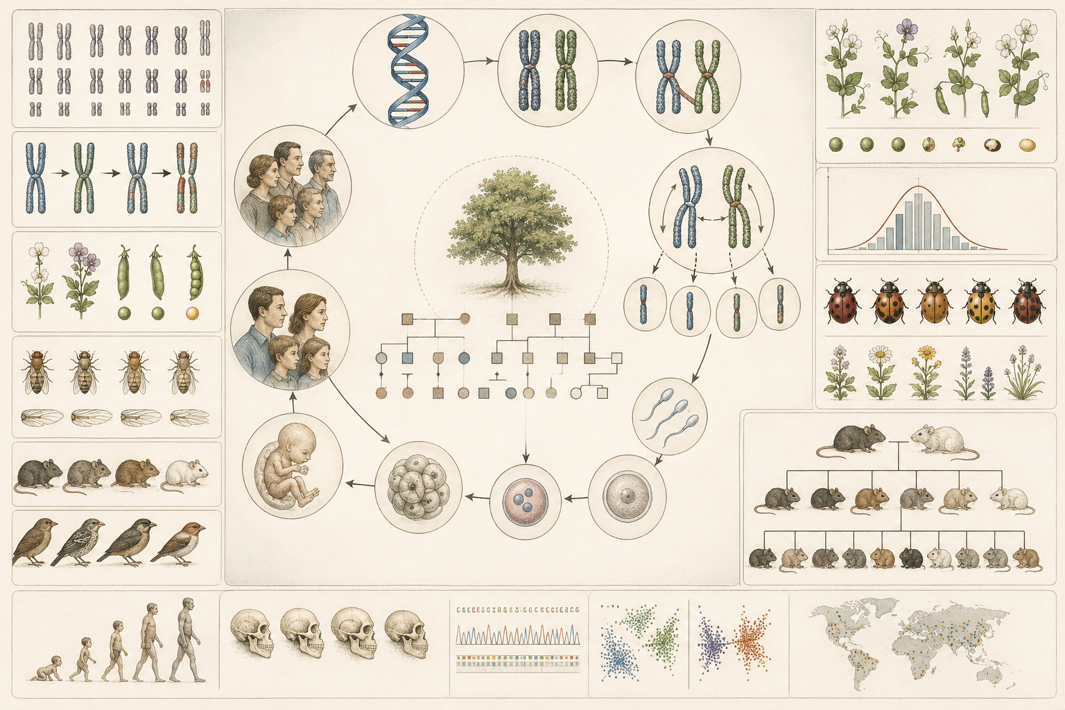 Research-grade genetics illustration showing DNA, chromosomes, family inheritance, pedigrees, embryos, trait variation in plants and animals, population patterns, sequencing data, and heredity across generations.