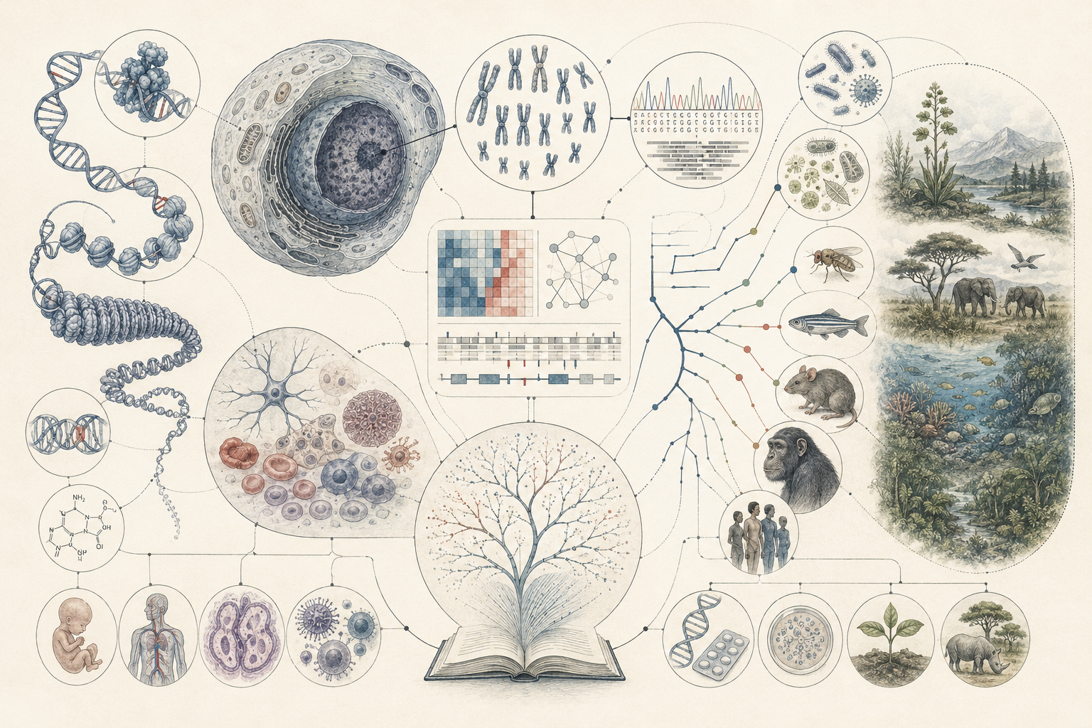 Research-grade genomics illustration showing DNA, chromatin, chromosomes, sequencing data, gene networks, cell biology, development, disease biology, biodiversity, model organisms, and ecosystem connections.