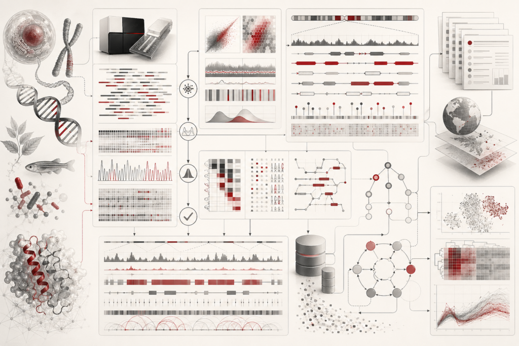 Abstract scientific illustration of genomics, sequence analysis, and biological data showing DNA-like strands, sequencing-read fragments, genomic annotation layers, variant markers, metadata structures, quality-control checkpoints, workflow nodes, provenance trails, database repositories, and reproducible analysis panels without text or labels.