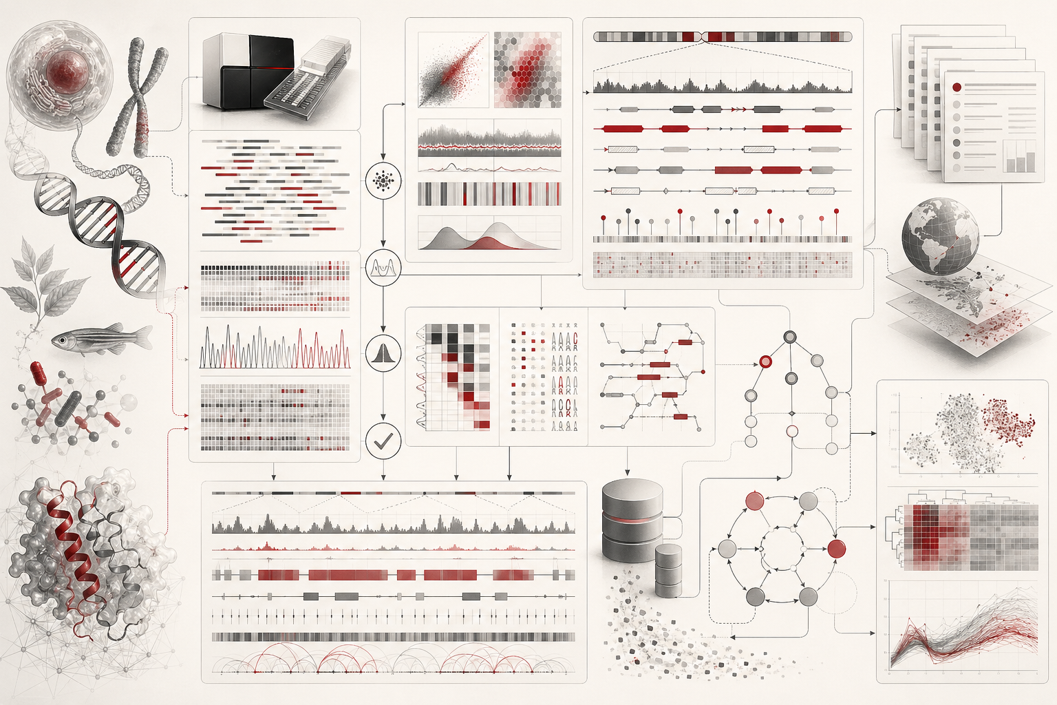 Abstract scientific illustration of genomics, sequence analysis, and biological data showing DNA-like strands, sequencing-read fragments, genomic annotation layers, variant markers, metadata structures, quality-control checkpoints, workflow nodes, provenance trails, database repositories, and reproducible analysis panels without text or labels.