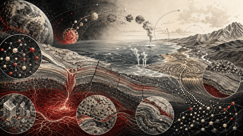 Editorial scientific illustration of geochemistry showing Earth, layered rock strata, mineral structures, volcanic and hydrothermal activity, ocean chemistry, weathering pathways, isotope-like networks, sediment records, and planetary chemical history in cream, black, white, muted gray, and deep red.