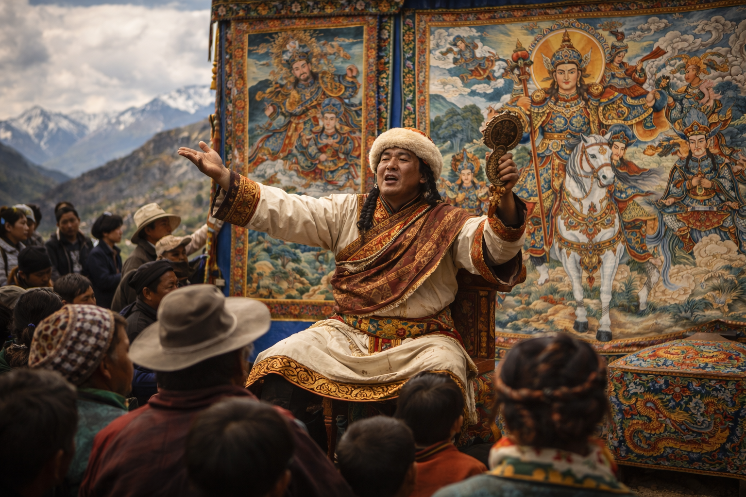 Tibetan bard performing the Gesar epic before a gathered audience, with thangka-style images of King Gesar and mountain landscape in the background.