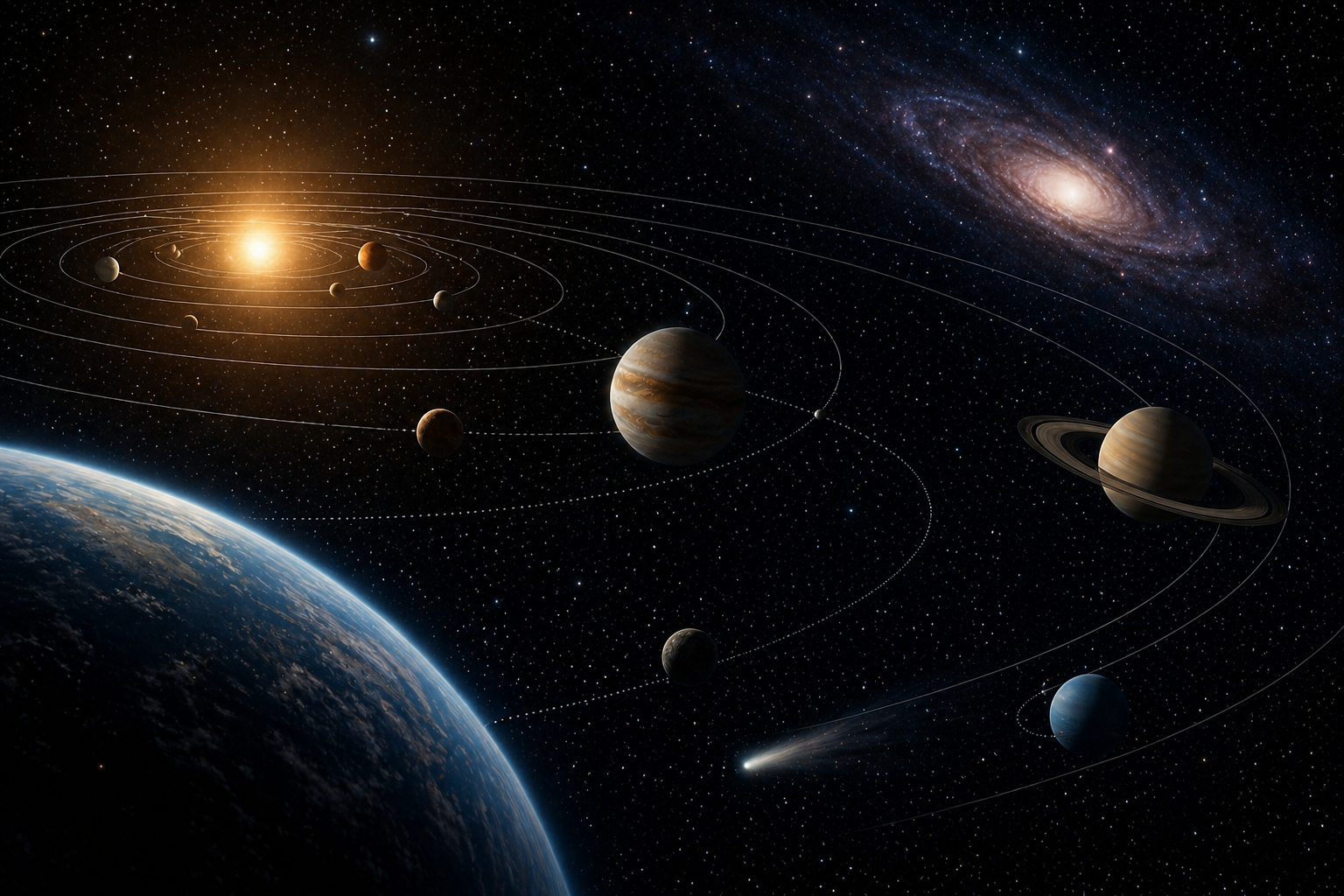 Cinematic space illustration showing planets, elliptical orbital paths, a glowing star, a comet, Earth, and a distant spiral galaxy to represent gravitation, orbital motion, and celestial mechanics.