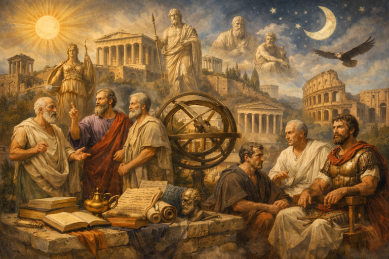 Illustration of Greek and Roman thought showing virtue, reason, civic order, philosophy, and classical reflection in the ancient world.