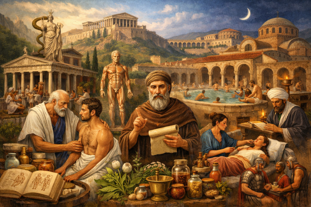 Composite illustration of Greek and Roman medicine showing physicians treating patients, medicinal herbs and jars, an anatomical figure, temple healing, Roman baths, and military care within a classical Mediterranean setting.
