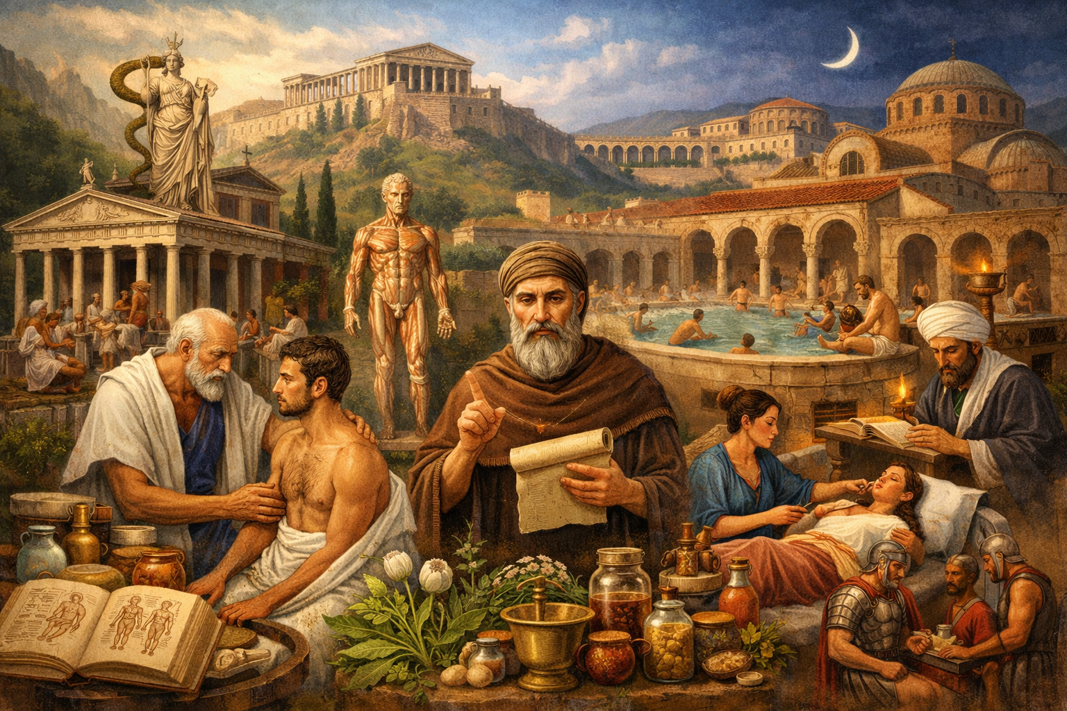 Composite illustration of Greek and Roman medicine showing physicians treating patients, medicinal herbs and jars, an anatomical figure, temple healing, Roman baths, and military care within a classical Mediterranean setting.