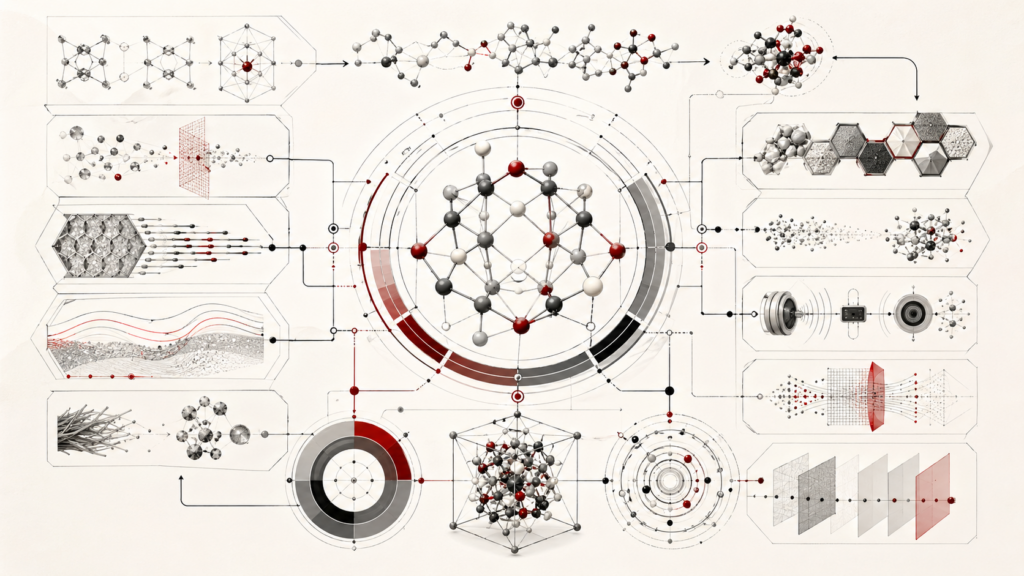 Editorial scientific illustration of green chemistry as a responsible chemical design system, showing molecular frameworks, reaction pathways, circular material flows, catalytic nodes, monitoring structures, solvent-reduction layers, degradation pathways, safety boundaries, and sustainable transformation logic in cream, black, white, muted gray, and deep red.