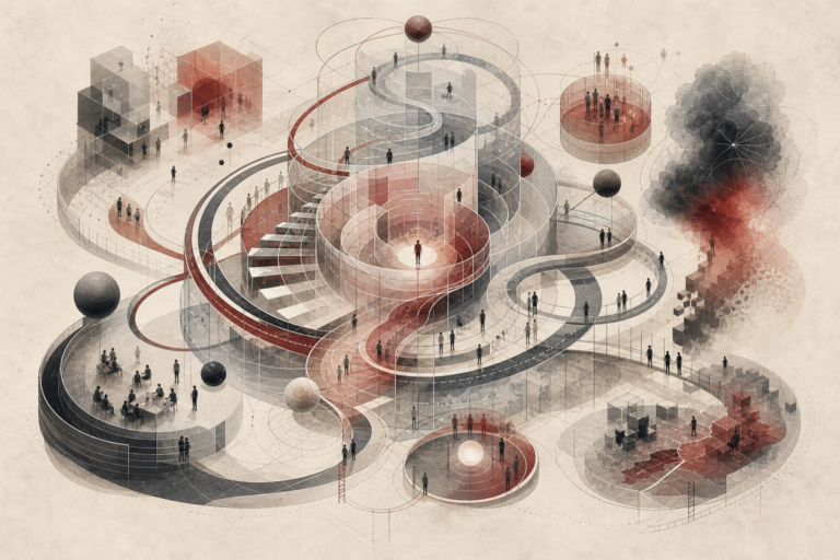 Editorial scientific illustration of grit as a sustained-striving systems architecture, showing long-term goal pathways, repeated effort loops, recovery arcs, support scaffolds, feedback systems, friction fields, burnout pressure, and adaptive rerouting.