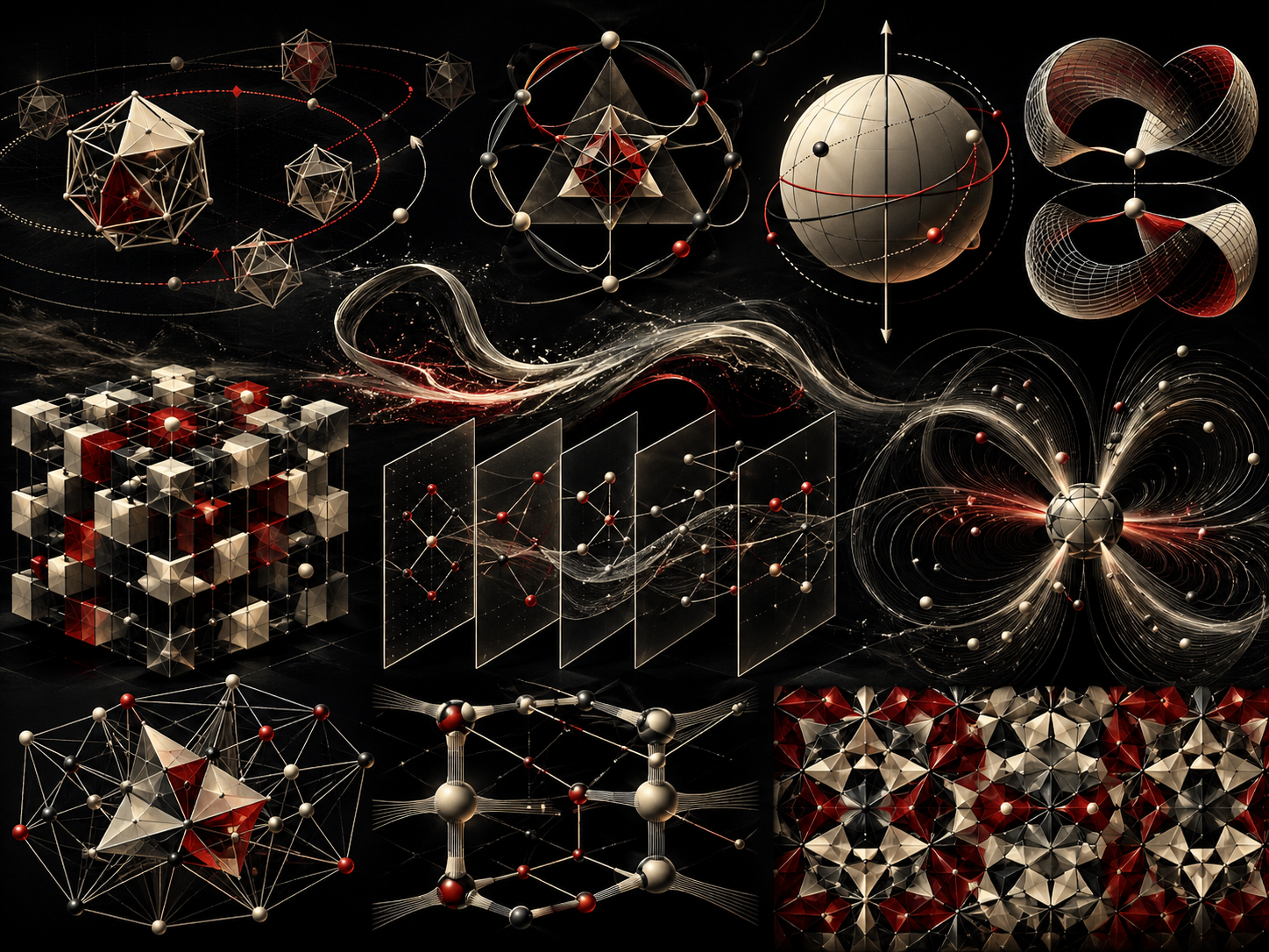 Editorial scientific illustration showing abstract symmetry transformations, rotating geometric structures, group-orbit paths, representation spaces, angular-momentum spheres, spinor-like geometry, crystal symmetry patterns, gauge-field arcs, and tensor-network-like structures.