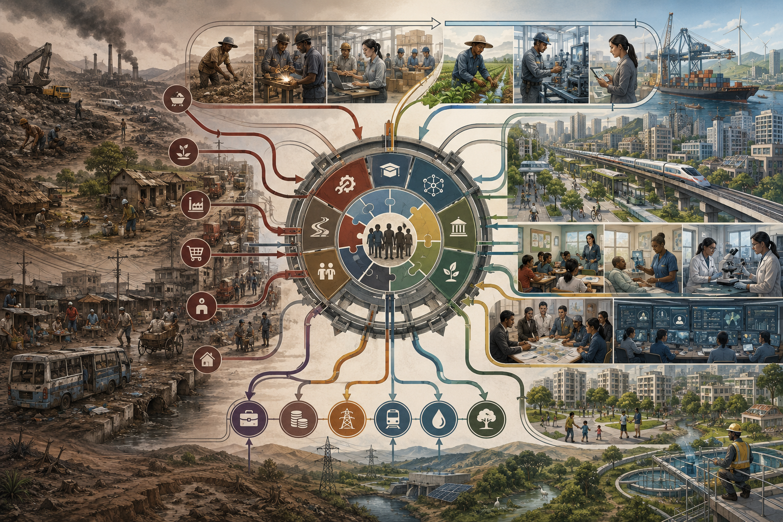 Editorial systems illustration showing economic growth, structural transformation, agriculture, industry, services, infrastructure, public institutions, technological capability, ecological limits, and sustainable development pathways.