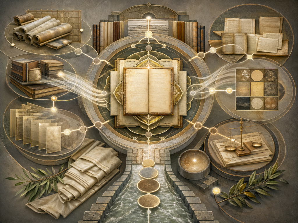 Non-figurative editorial illustration of layered parchment, open manuscript forms, linked geometric chains, archival folios, water channels, olive branches, balance scales, circular knowledge structures, and soft gold illumination representing hadith and the preservation of prophetic memory.
