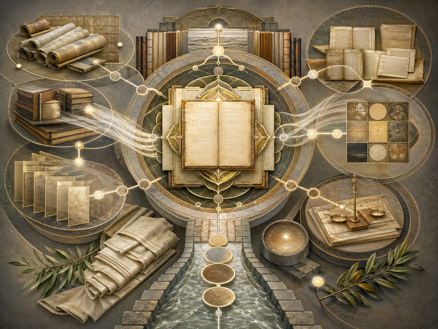 Non-figurative editorial illustration of layered parchment, open manuscript forms, linked geometric chains, archival folios, water channels, olive branches, balance scales, circular knowledge structures, and soft gold illumination representing hadith and the preservation of prophetic memory.