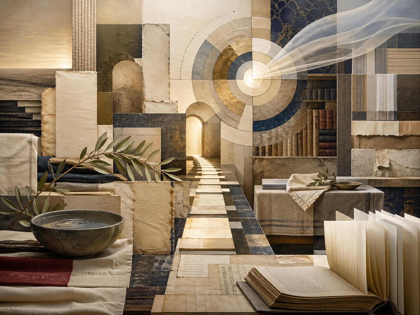 Non-figurative editorial illustration of layered parchment, codex pages, folded cloth, archival shelves, geometric calendar-like forms, a luminous pathway, and soft illumination representing halakhah, prayer, and Jewish continuity.