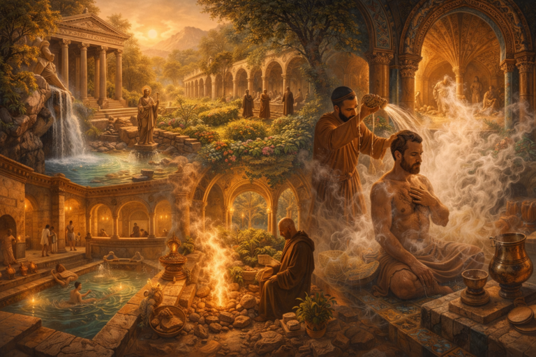 Editorial illustration of healing spaces, baths, and sacred environments featuring a sanctuary spring, Roman bath architecture, Islamic ablution and steam bathing, monastic garden space, and layered atmospheres of purification and restoration