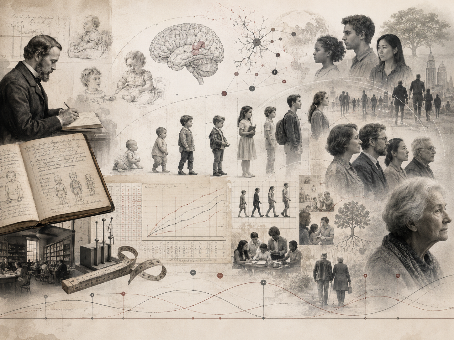 Research-grade historical illustration of developmental psychology, showing early child-study notebooks, observation, measurement tools, growth charts, brain diagrams, children across developmental stages, and lifespan development from childhood to old age.