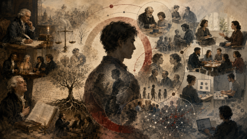 Painterly illustration of the history of moral psychology, showing early moral philosophy, developmental psychology, contemporary research, dialogue, justice scales, symbolic trees, and networked empirical study.