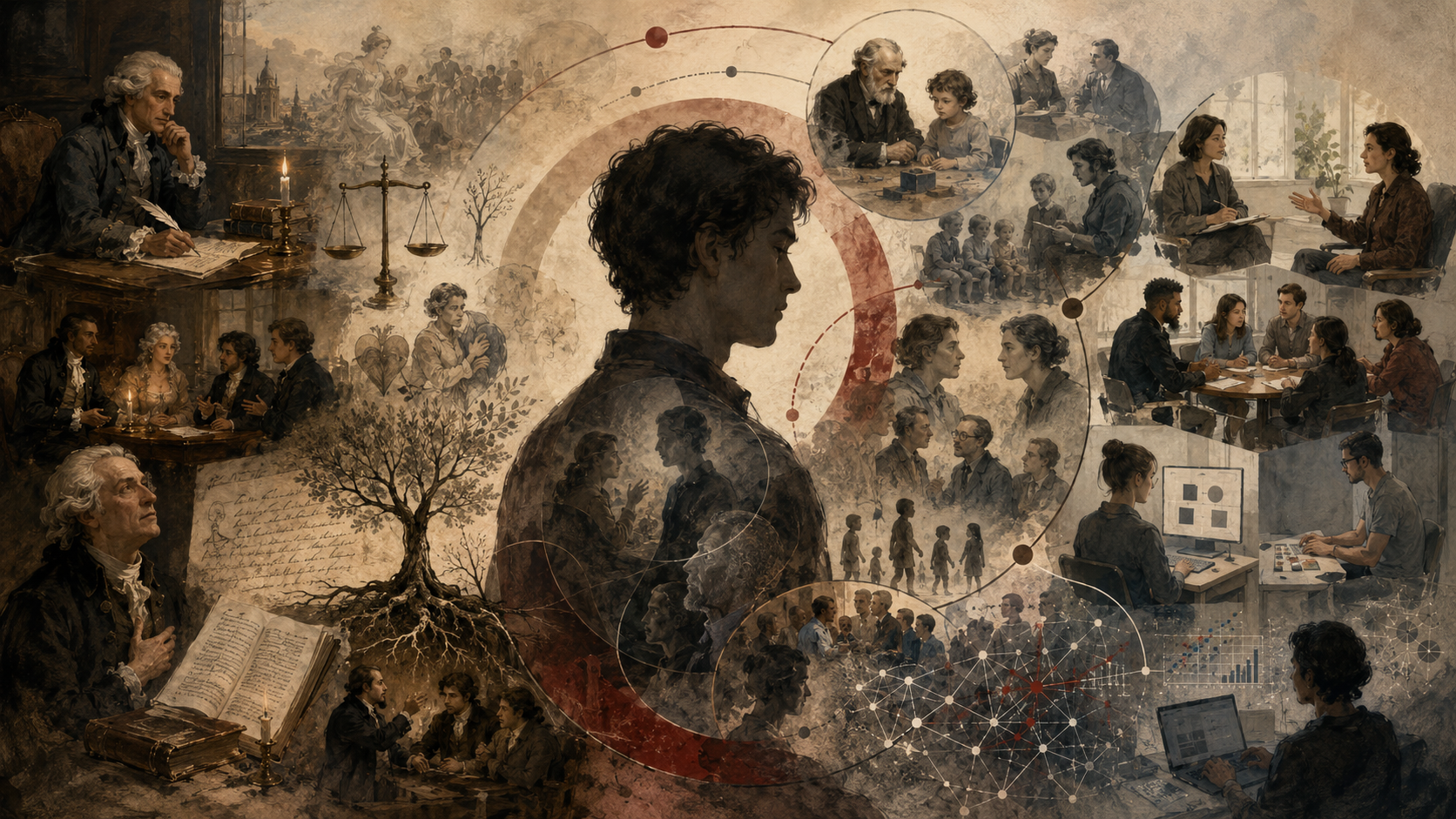 Painterly illustration of the history of moral psychology, showing early moral philosophy, developmental psychology, contemporary research, dialogue, justice scales, symbolic trees, and networked empirical study.