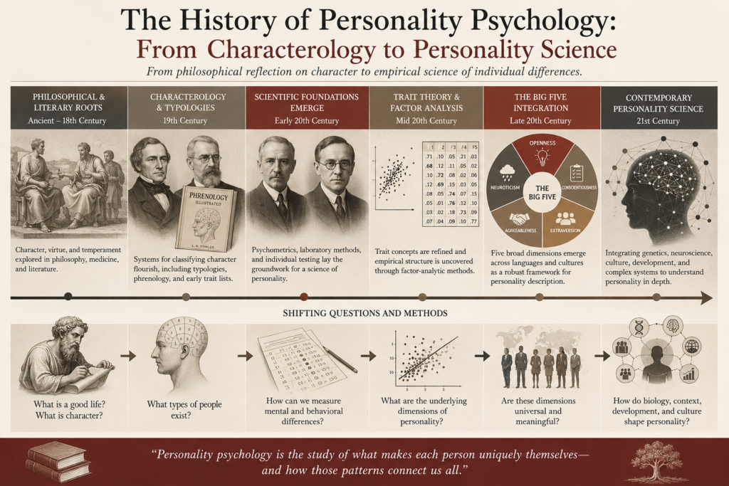 Vintage institutional infographic timeline showing the development of personality psychology from philosophical characterology and typologies to trait theory, factor analysis, the Big Five, and contemporary personality science.