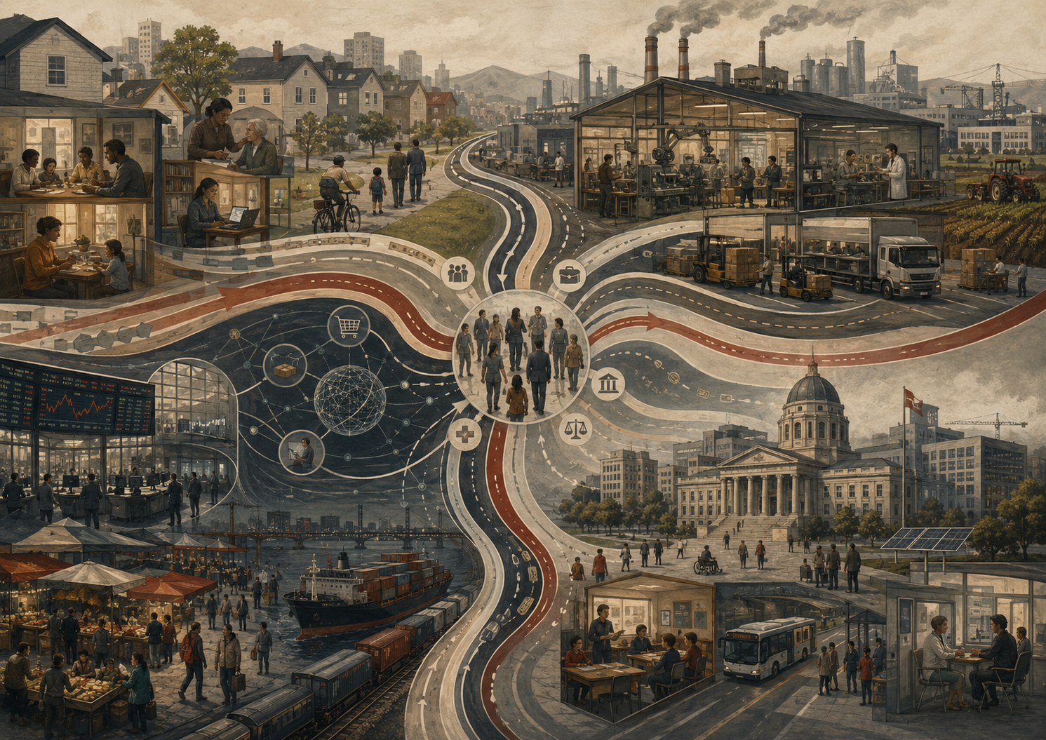 Editorial illustration of households, firms, markets, and public institutions connected by flowing pathways that represent labor, consumption, production, exchange, taxation, regulation, and public services.