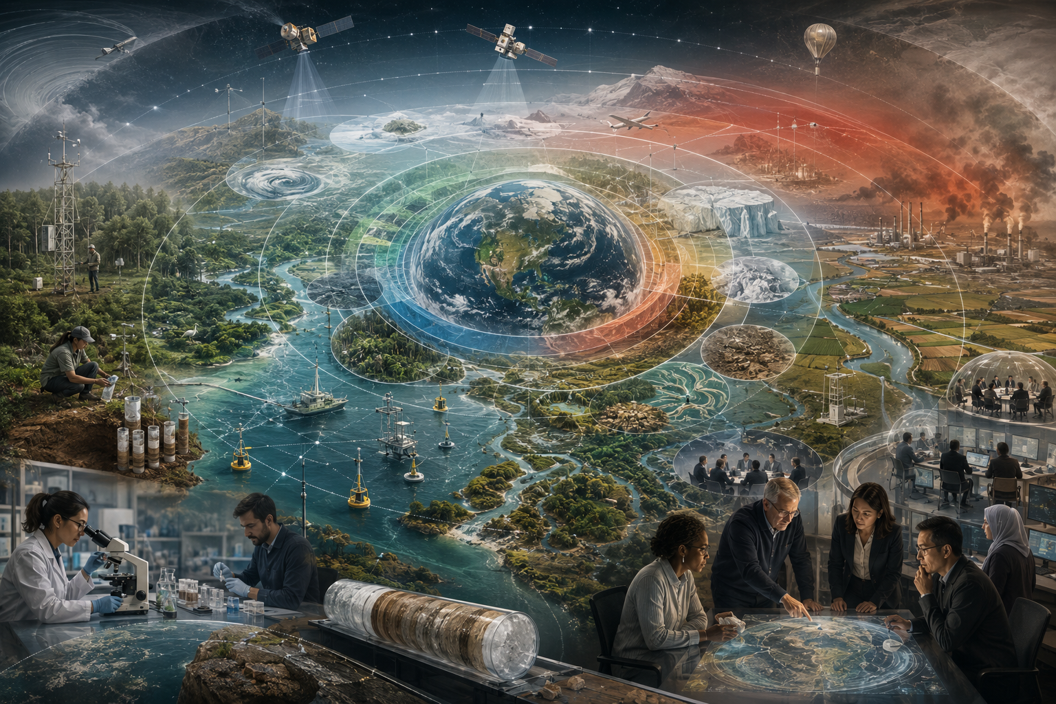 Editorial illustration showing planetary-boundary measurement through control variables, thresholds, uncertainty zones, monitoring systems, and collaborative Earth-system assessment.