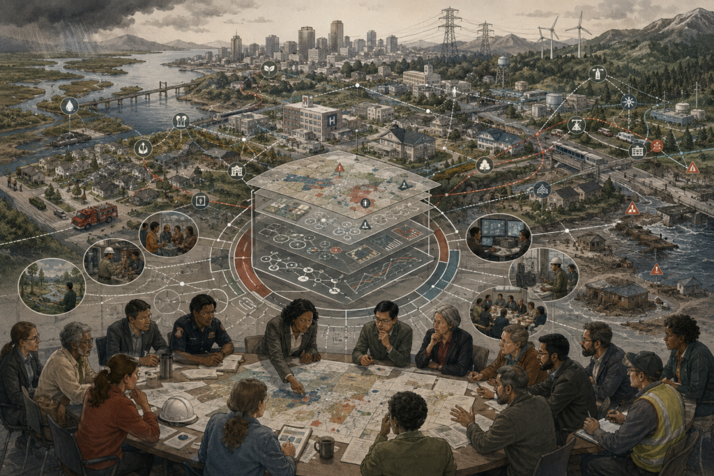 Editorial illustration showing planners, public officials, emergency managers, analysts, and community representatives using layered indicators, maps, scorecards, and recovery pathways to measure resilience across infrastructure, ecosystems, institutions, and vulnerable communities.