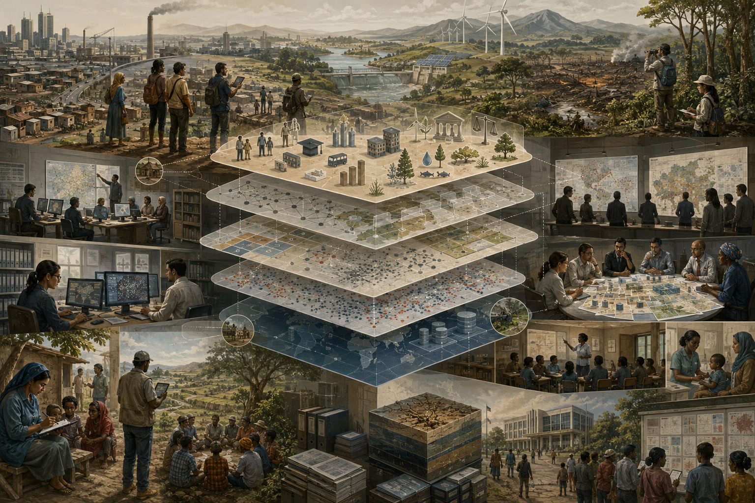 Editorial sustainability illustration showing layered measurement systems, field data collection, statistical offices, disaggregated evidence, mapping, governance review, and environmental observation across a development landscape.