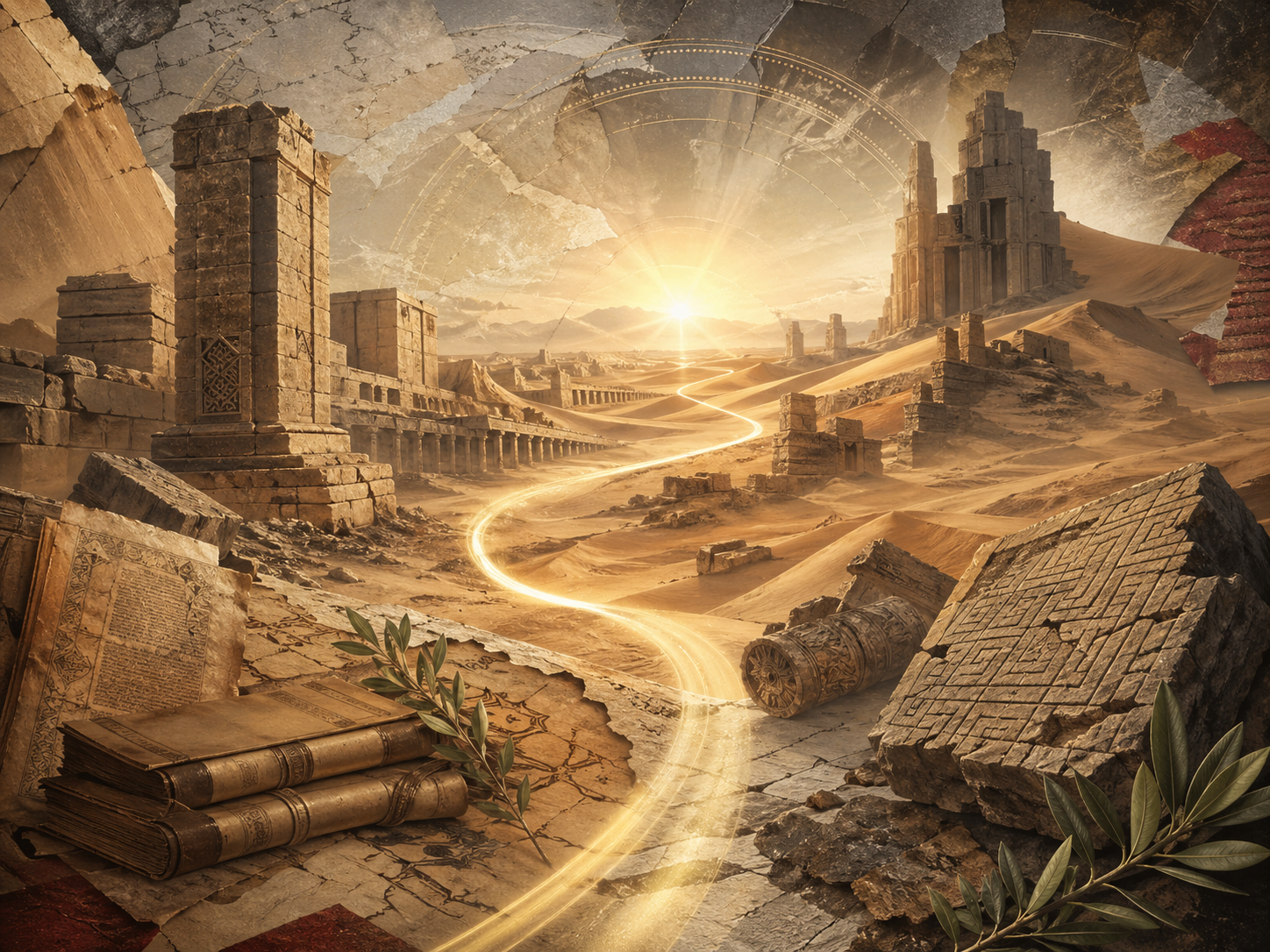 Editorial illustration of Hud and the people of ‘Ad shown without figures through Arabian desert ruins, wind-swept dunes, broken monumental architecture, parchment layers, stone forms, sparse olive leaves, and a luminous path of prophetic warning.