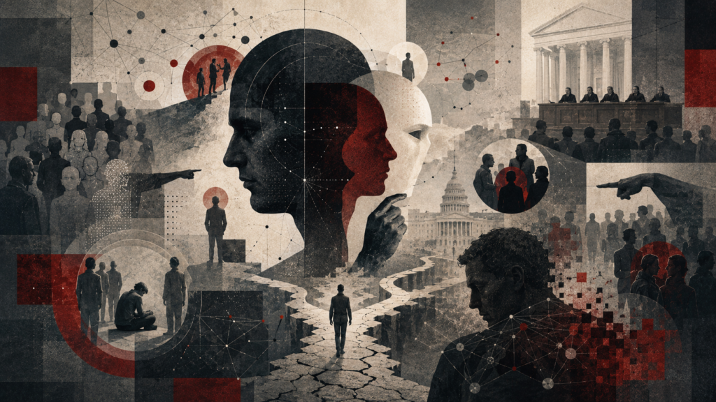 Editorial illustration of moral failure, showing divided human profiles, masks, pointing figures, isolated people, civic institutions, fractured pathways, and networked social judgment.
