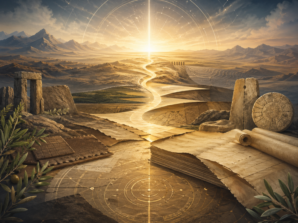 Editorial illustration of Idris in Qur’anic sacred memory shown without figures through layered parchment, stone tablets, desert horizons, celestial arcs, olive leaves, and a luminous path rising toward divine light.