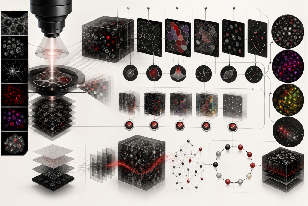 Abstract scientific illustration of image analysis, microscopy, and computational biology showing microscope-inspired optics, cellular image fields, pixel grids, voxel layers, segmentation masks, fluorescence-channel overlays, object measurements, tracking paths, colocalization patterns, metadata layers, workflow nodes, and reproducible analysis panels without text or labels.