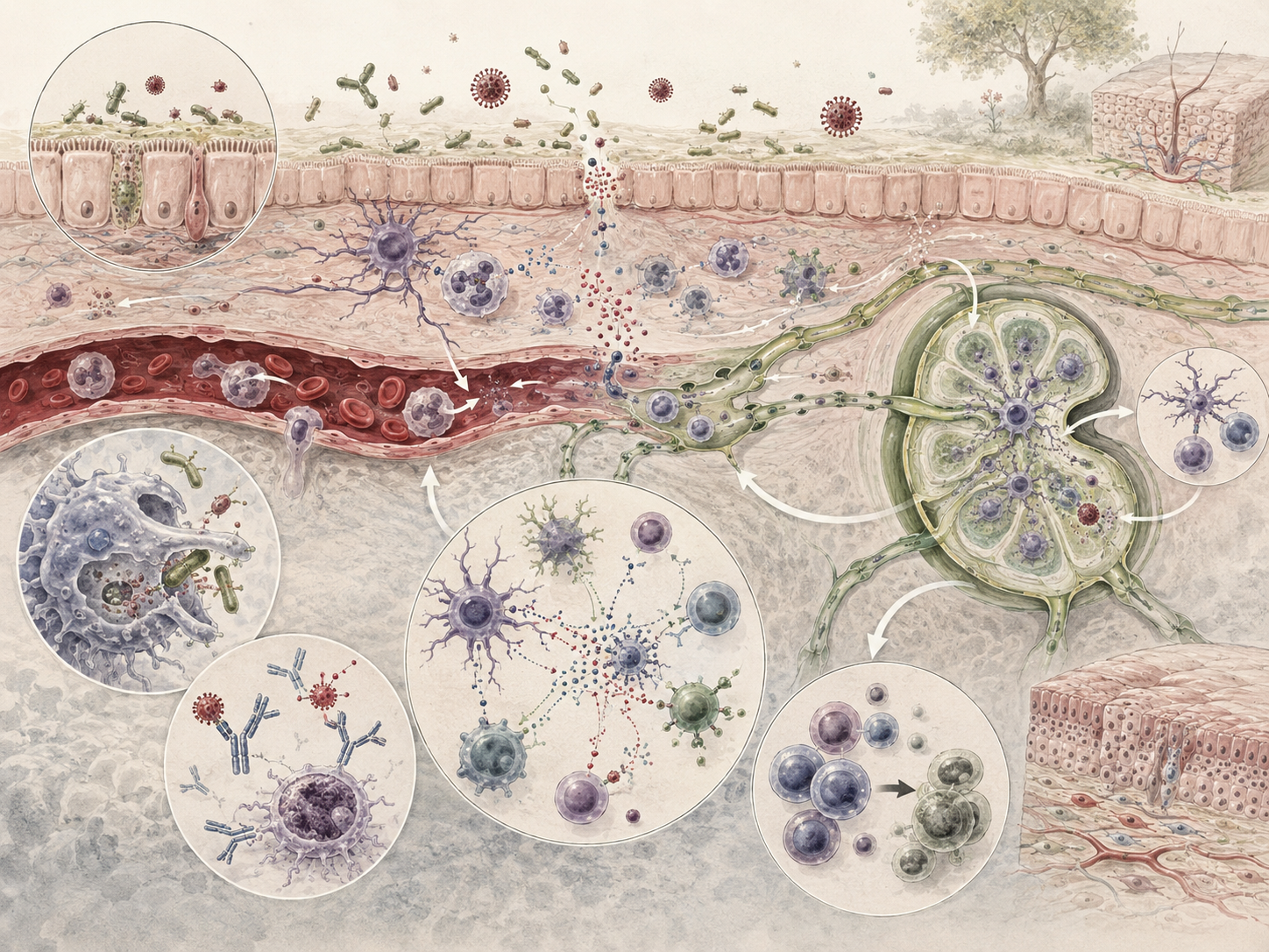 Research-grade immunology illustration showing tissue barriers, epithelial cells, microbes, immune cells, blood vessels, lymphatic pathways, antibodies, antigen recognition, inflammation, and immune defense across biological layers.