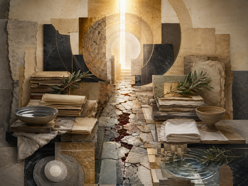 Non-figurative editorial illustration of layered parchment, codex pages, fractured stone pathways, folded linen, water bowls, olive branches, luminous thresholds, circular geometry, and soft gold illumination representing incarnation, redemption, resurrection, and Christian sacred history.