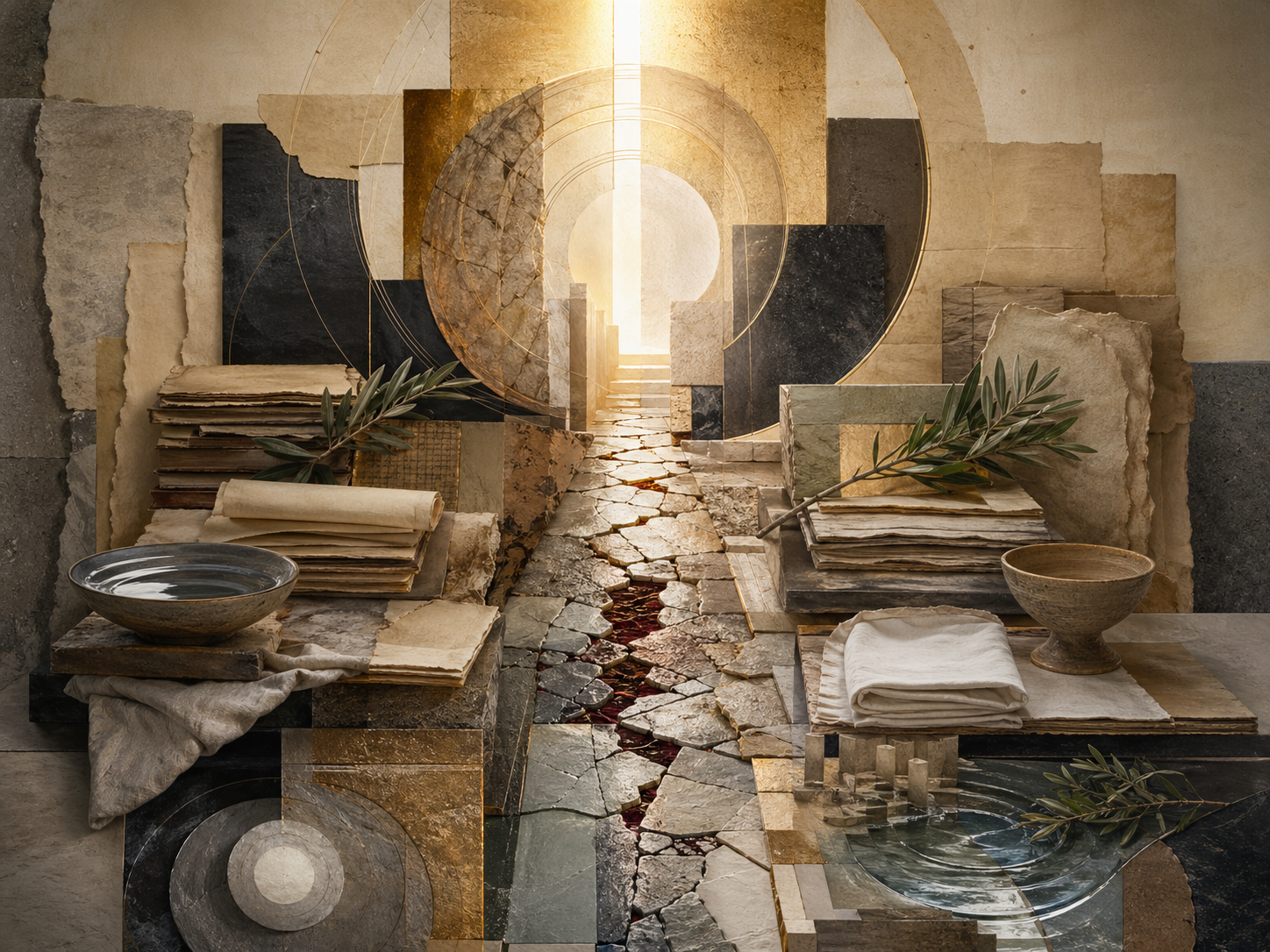 Non-figurative editorial illustration of layered parchment, codex pages, fractured stone pathways, folded linen, water bowls, olive branches, luminous thresholds, circular geometry, and soft gold illumination representing incarnation, redemption, resurrection, and Christian sacred history.