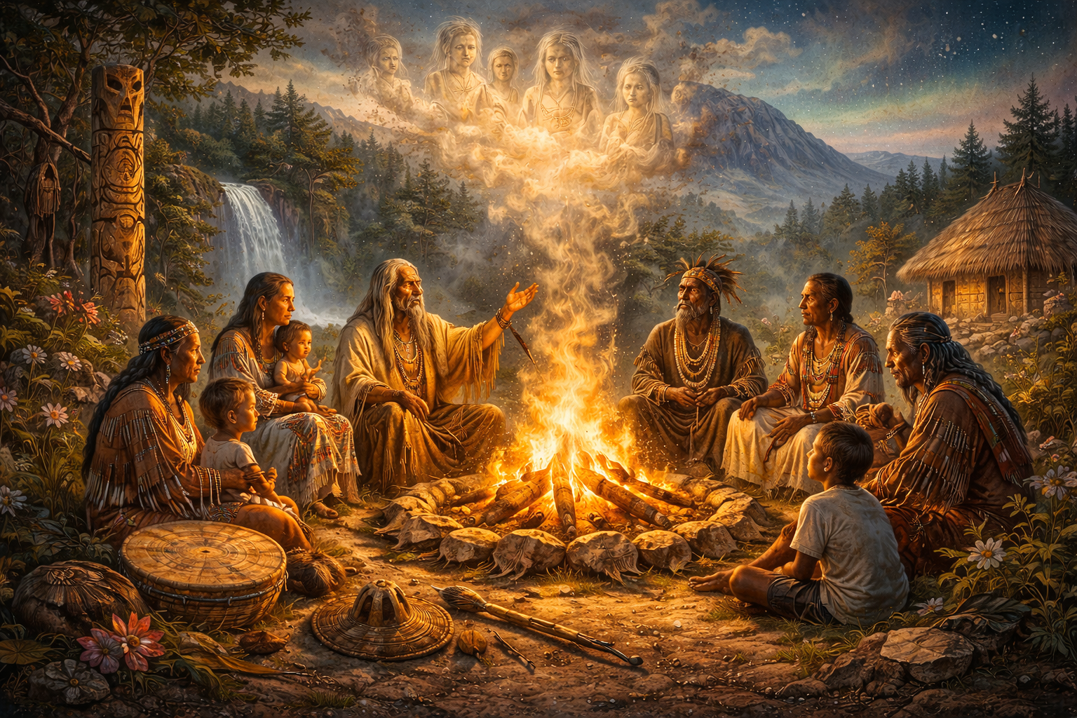 Symbolic scene of Indigenous oral storytelling around a fire with elders, children, ceremonial objects, sacred landscape, and ancestral presence.