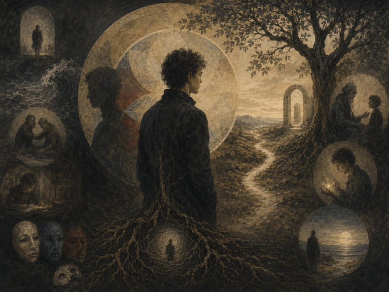 A solitary figure stands between shadow and light, with roots, masks, mandala geometry, memory scenes, thresholds, and a winding path symbolizing individuation.