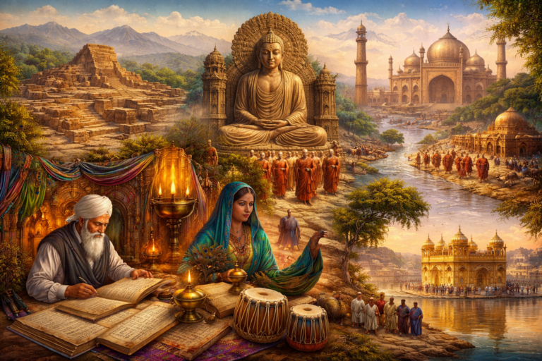 Editorial illustration of Indus Region intellectual life featuring Harappan ruins, Gandharan Buddhist imagery, Sindhi and Punjabi devotional culture, manuscripts, river landscapes, shrines, and Sikh sacred architecture across northwest South Asia
