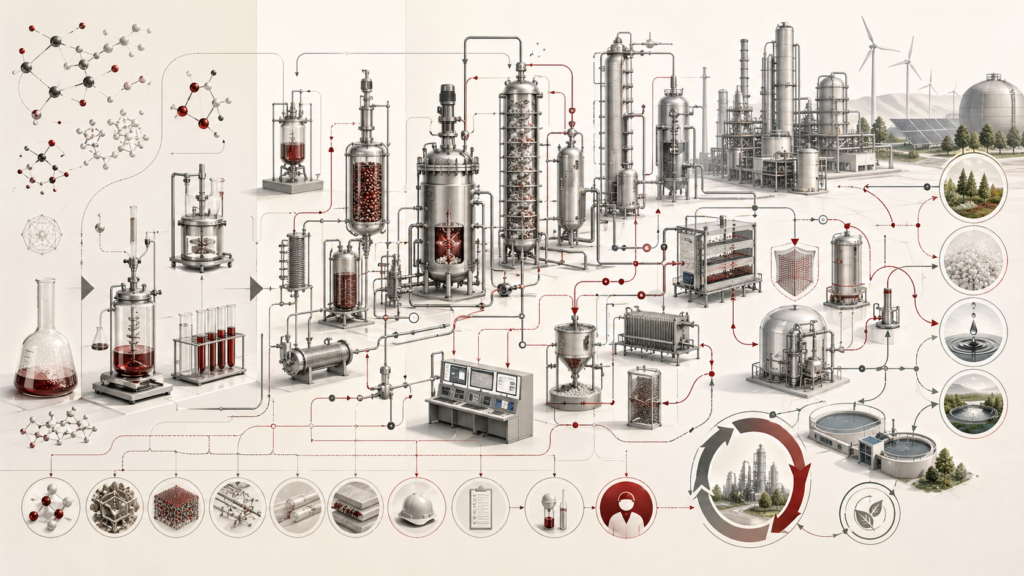 Abstract editorial scientific illustration showing industrial chemistry as a scale-up workflow connecting laboratory reactions, pilot equipment, reactors, separations, process control, safety systems, environmental management, and circular chemical production.
