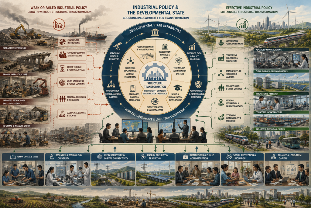 Editorial systems illustration showing industrial policy, developmental-state capacity, strategic sectors, public investment, technology learning, infrastructure, labor skills, regional clusters, and sustainable industrial transformation.