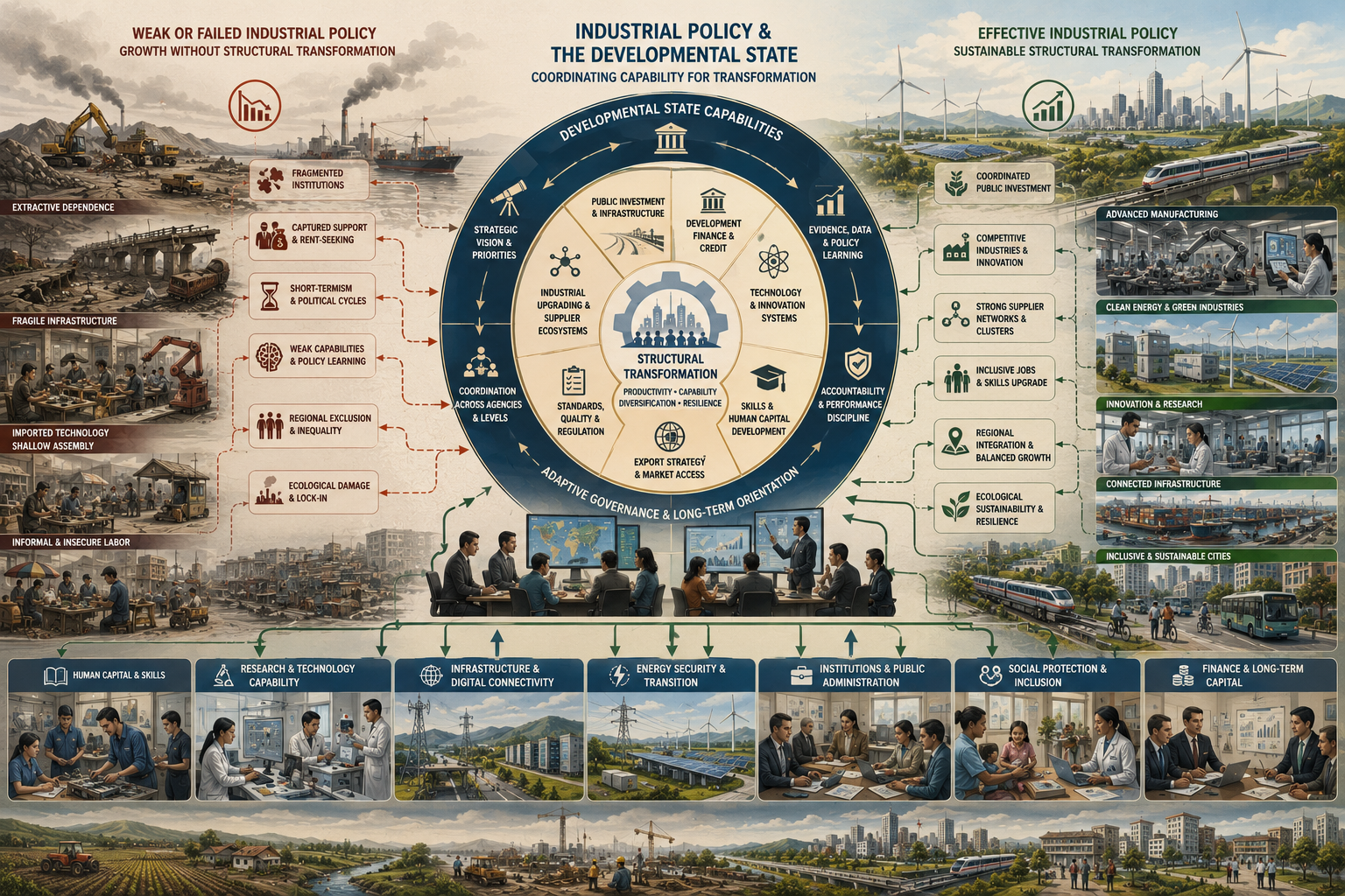 Editorial systems illustration showing industrial policy, developmental-state capacity, strategic sectors, public investment, technology learning, infrastructure, labor skills, regional clusters, and sustainable industrial transformation.