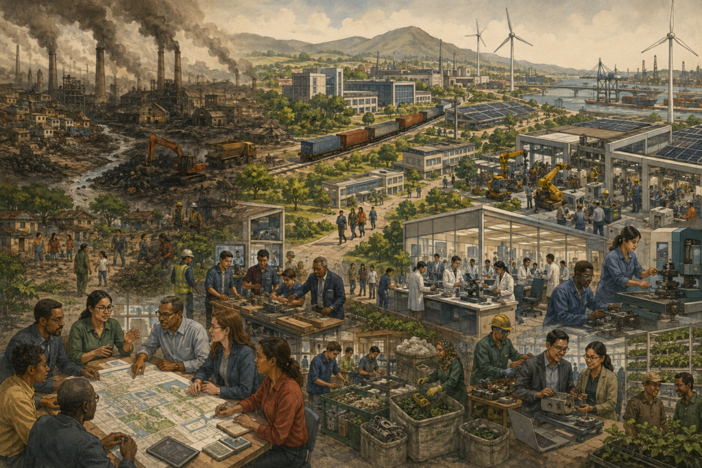Editorial sustainability illustration showing legacy industry, clean manufacturing, renewable energy, vocational training, research labs, logistics corridors, public planning, and regional industrial transition.