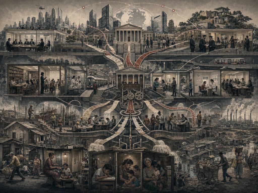 Editorial illustration of a stratified society with wealthy districts, public institutions, schools, clinics, workplaces, transit systems, precarious neighborhoods, and families connected by symbolic flows of redistribution and mobility.