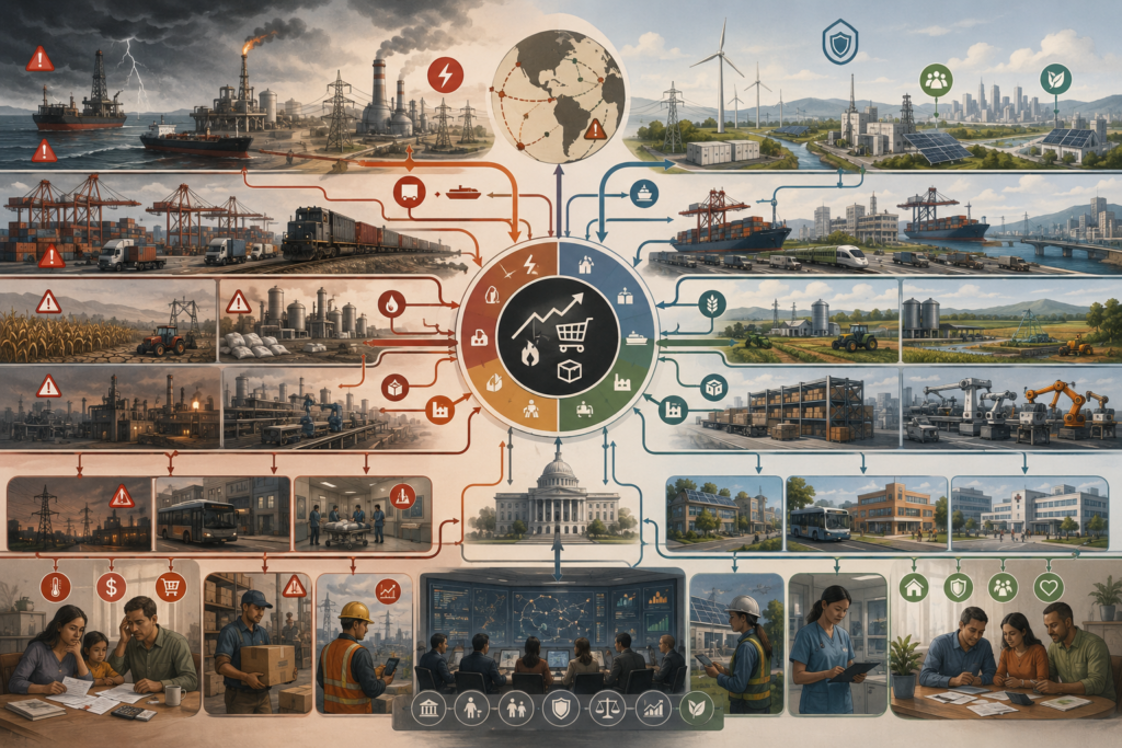 Editorial systems illustration showing inflation driven by energy shocks and supply constraints across fuel systems, ports, freight, farms, factories, infrastructure, households, and public institutions, contrasted with more resilient energy and supply systems.