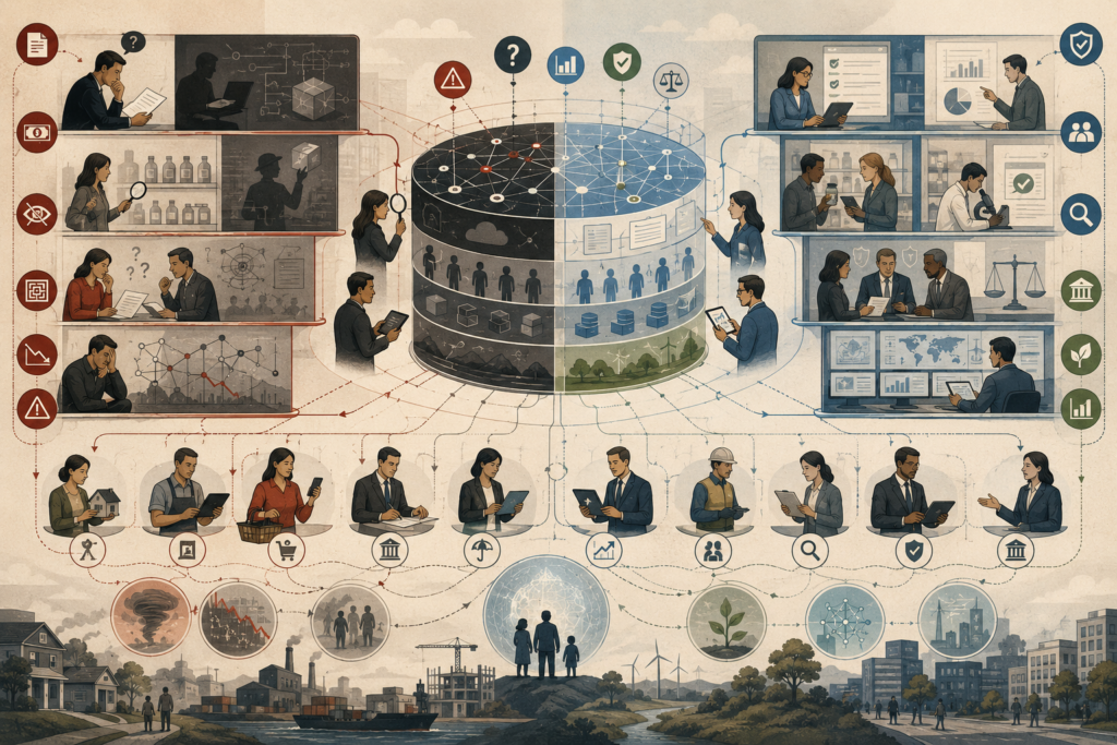 Editorial systems illustration showing imperfect markets shaped by hidden risk, unequal information, complex contracts, consumer uncertainty, financial opacity, disclosure, audits, certification, regulation, and institutional trust.